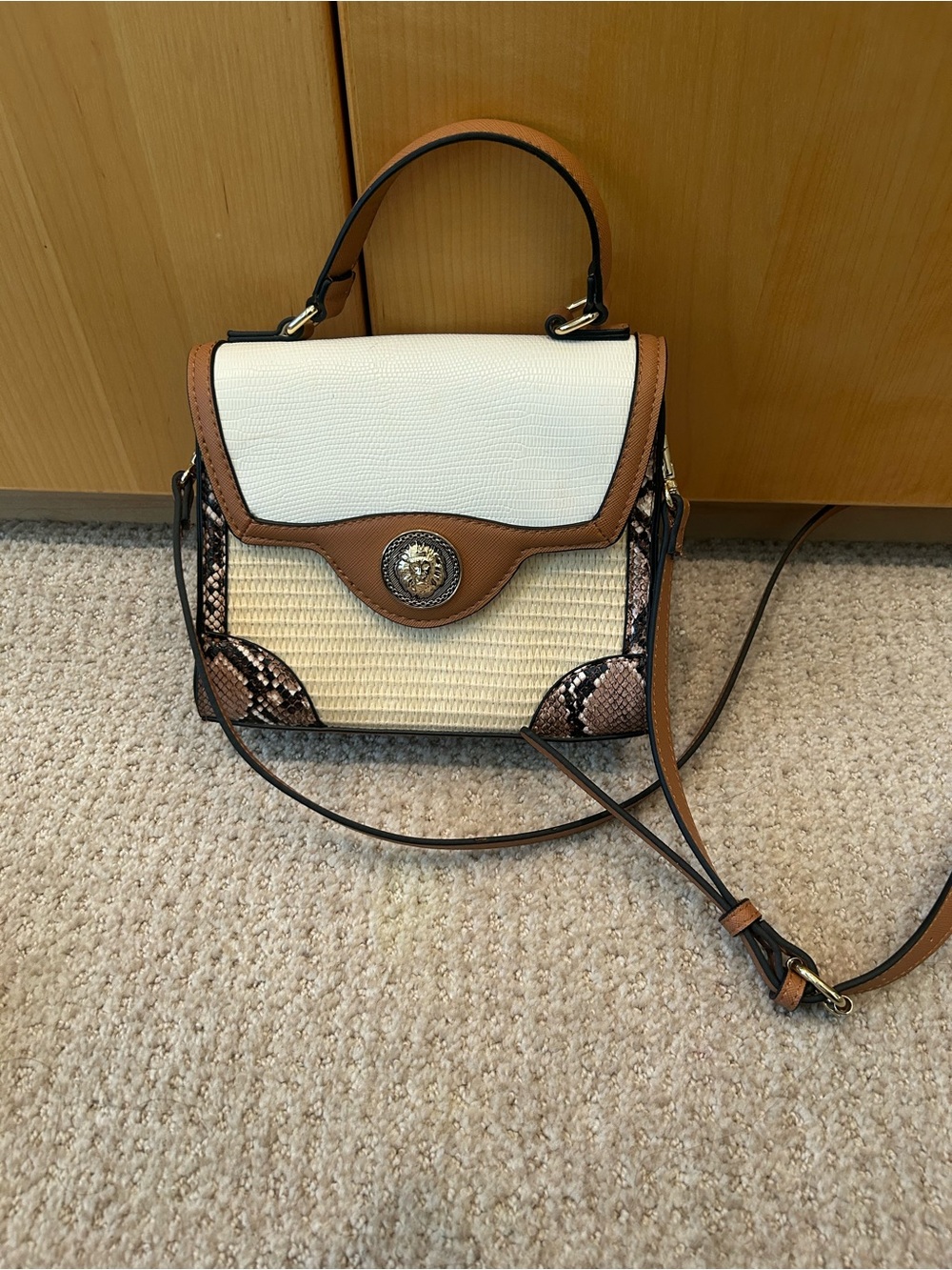 Aldo Cream & Tan Crossbody Satchel with Snake-Trim Detail
